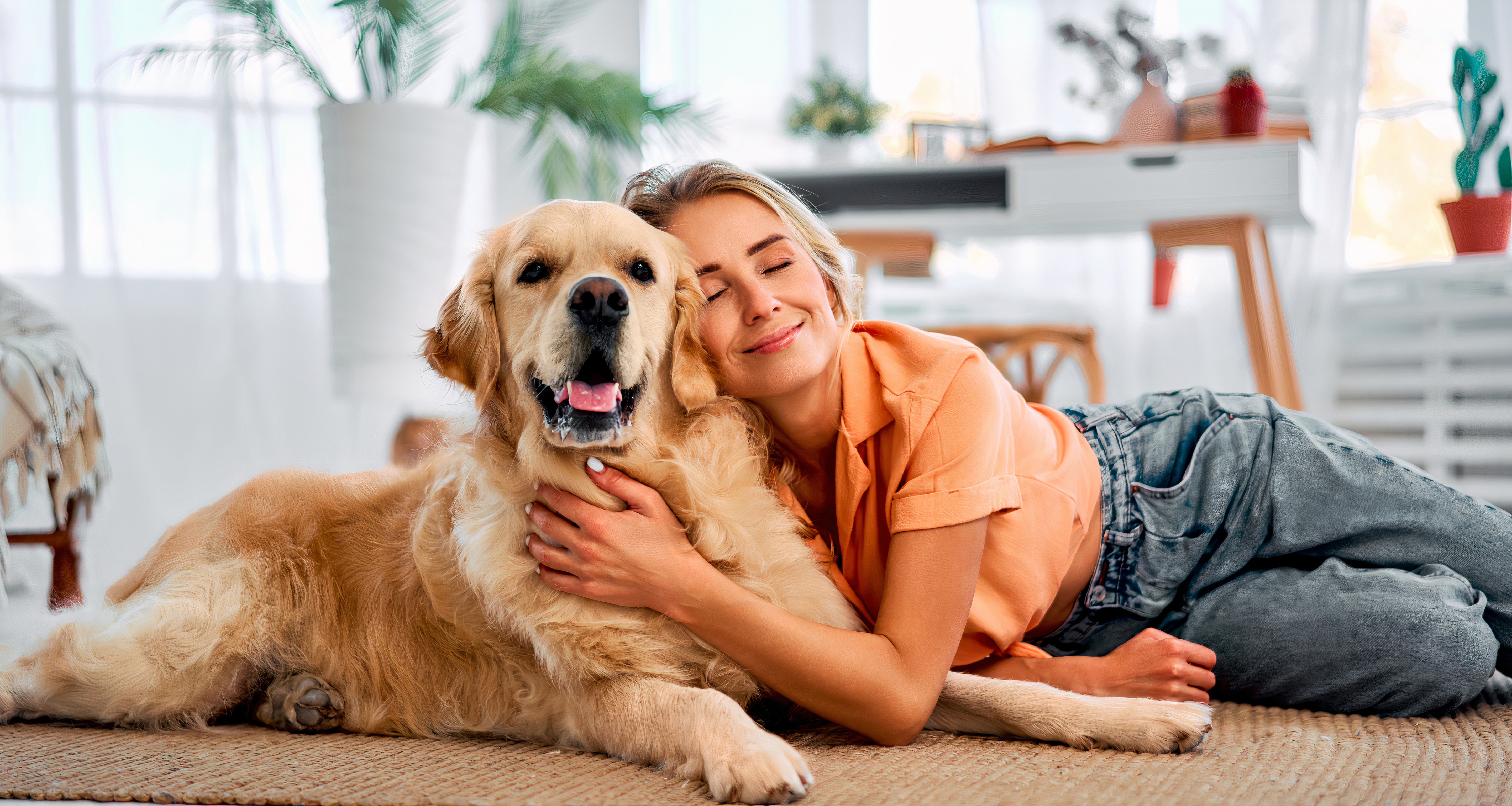 A woman lies on the floor with her golden retriever, both appearing relaxed and content in their shared space.