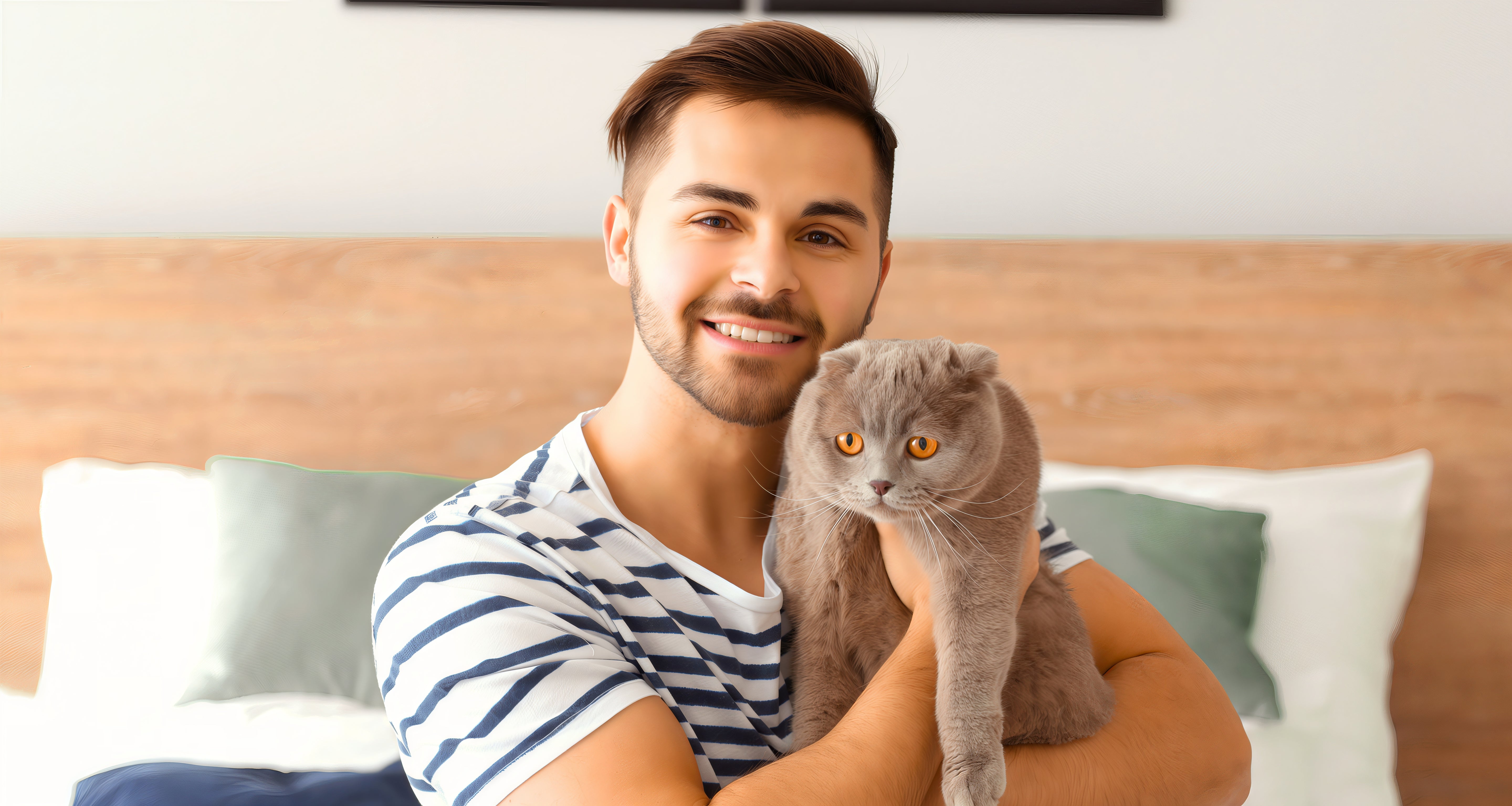 A man cradles a cat on his bed, showcasing a moment of affection and companionship between them.
