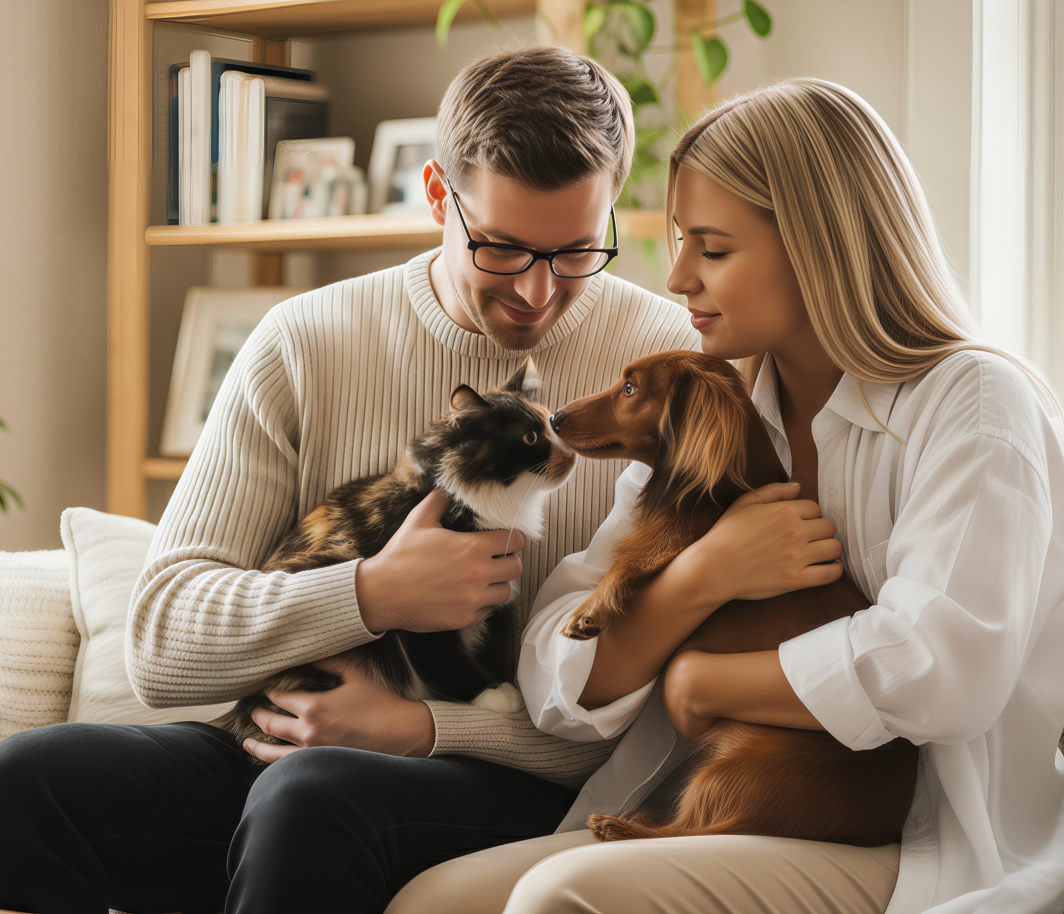 A man and woman sit on a couch with a dog and cat, enjoying a cozy moment together in a living room setting.