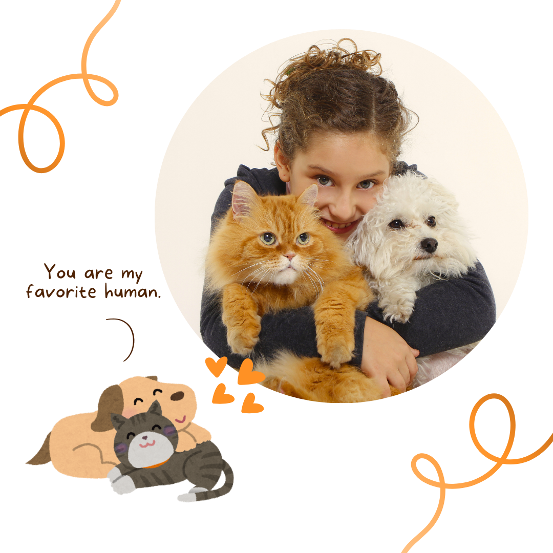 A girl smiles with her dog and cat, framed together in a cozy setting, showcasing their bond and companionship.